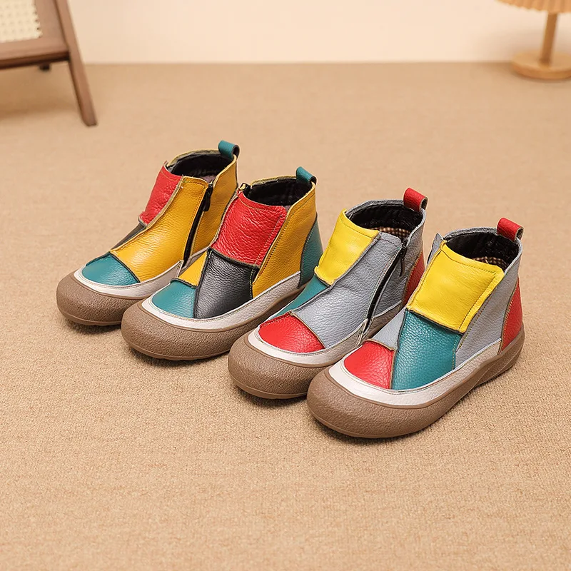 2025 Autumn And Winter Color Blocked Women's Shoes Ankle Short Boots Top Layer Cowhide Shoes Comfortable One Foot Sole Casual