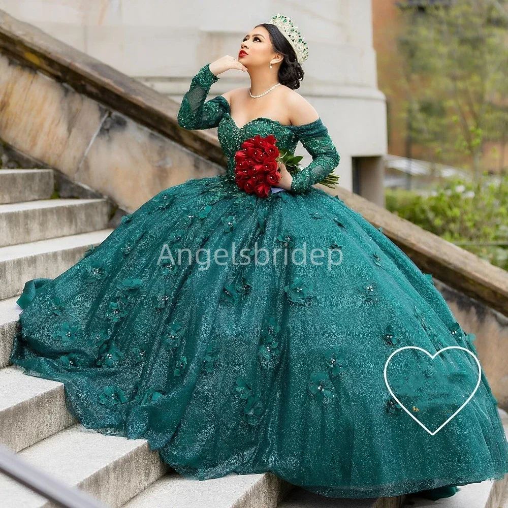 Angelsbride Blackish Green Ball Gown 15 Year Old Quinceanera Dresses With 3D Appliques Long Sleeves Girls Birthday Party Gown