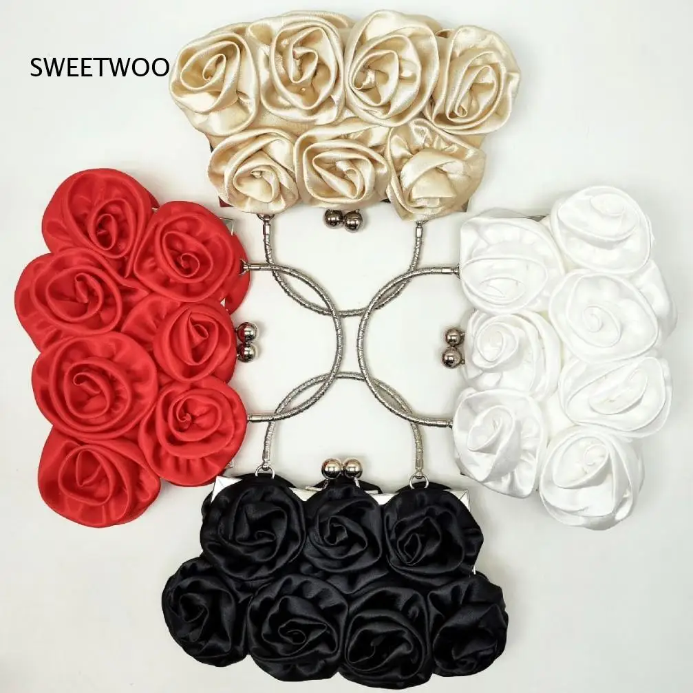 3D Rosen-Blumen Kiss-Lock Clutch-Tasche Silber Metall Gebogener Obergriff Hochzeits-Braut-Abendhandtasche in 4 Farben Erhältlich