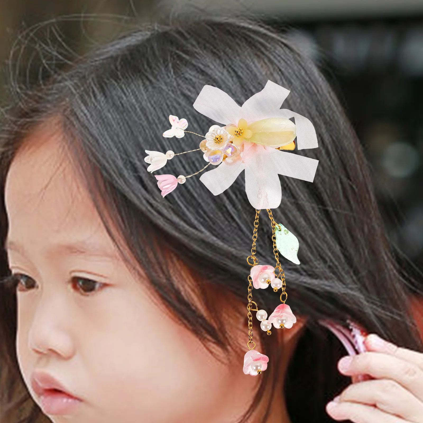 

1Pair Tassel Flower Hair Clips Kids Girls Barrette Hanfu Hair Accessories Floral Hairpins for Daily Dressing Up Lightweight