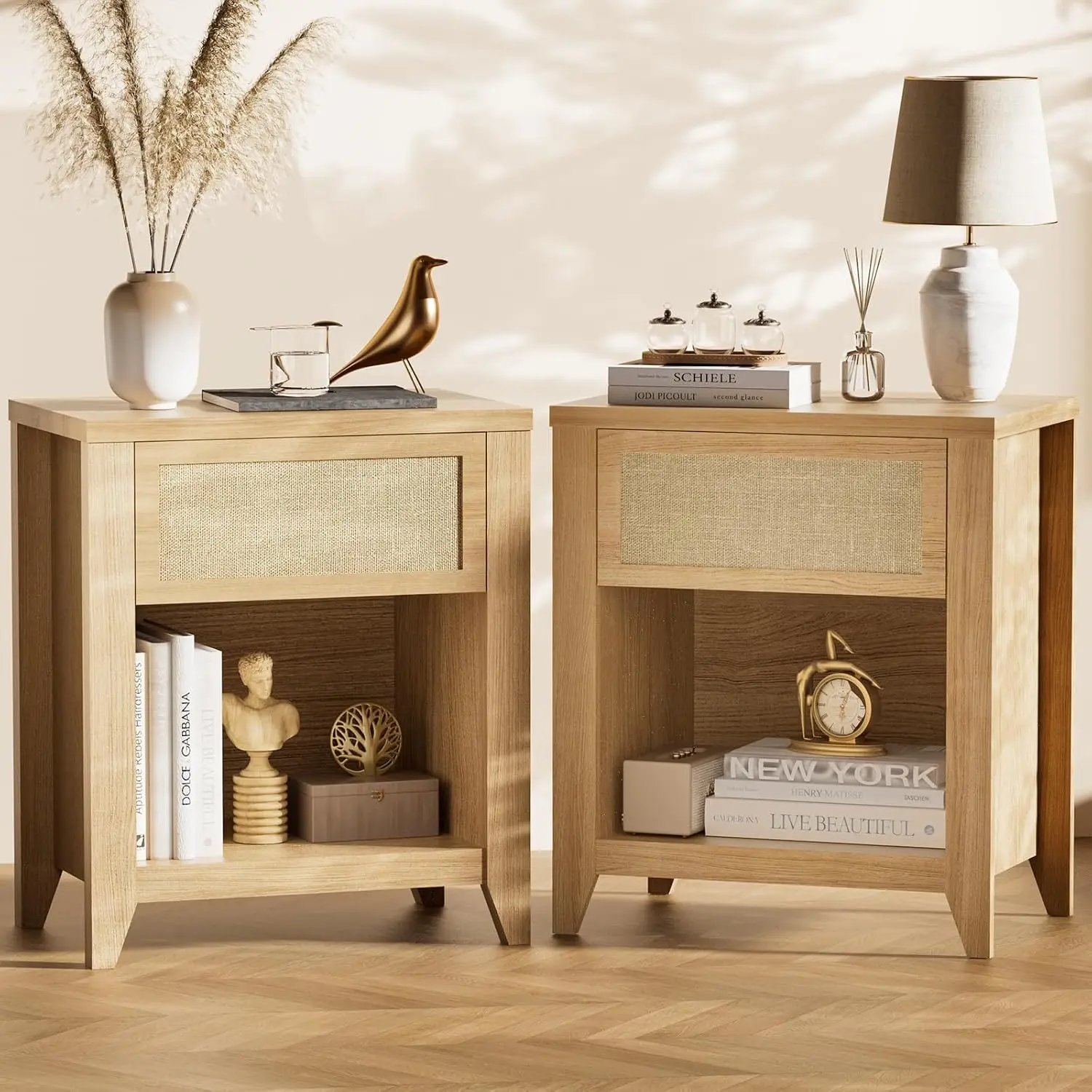 Boho Nightstands Set 2, Farmhouse Bedside Table with Drawer & Shelf Rattan End Table for Bedroom Office Small Space, Customized