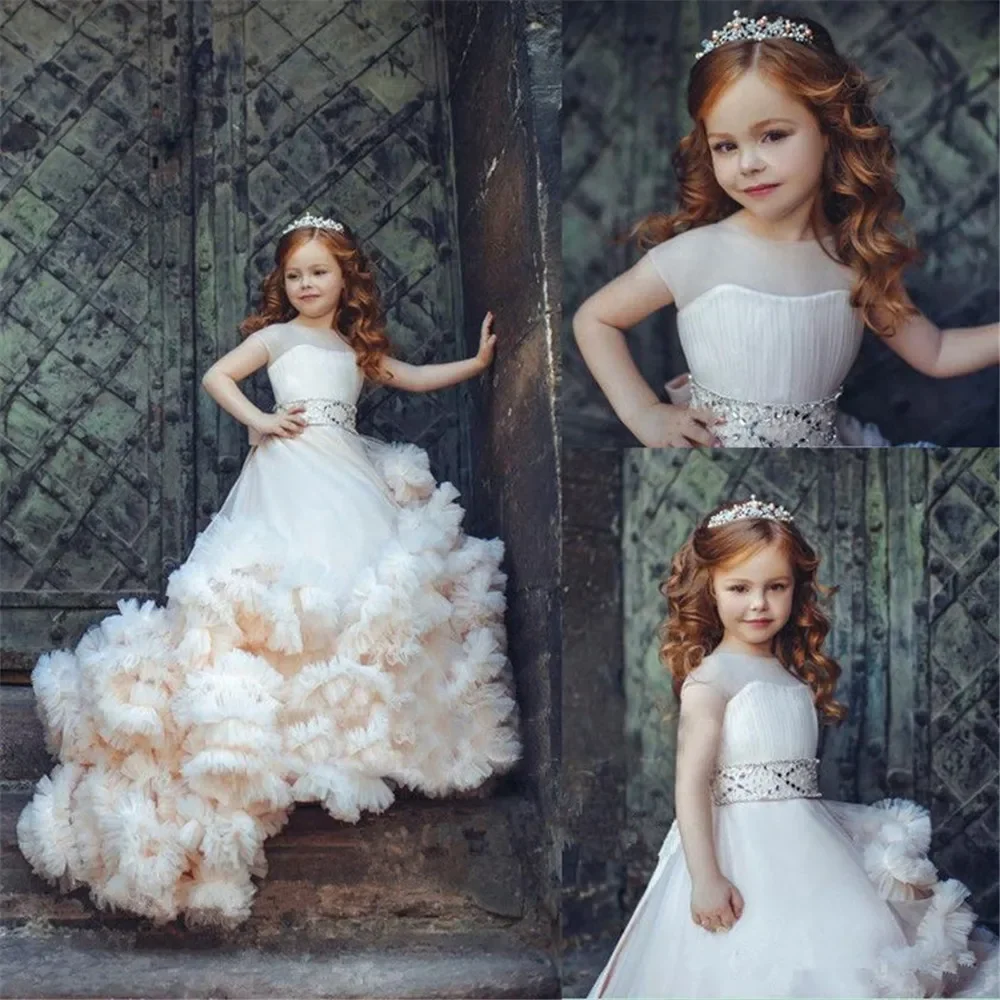 Vestidos de niña de flores de encaje champán, vestido de fiesta hinchado con cuello transparente para boda, comunión, desfile, vestidos para niños