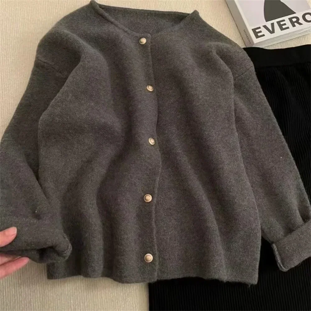 Korean Fashion Round Neck Knit Cardigan Spring Autumn Casual Long Sleeve Loose Wool Sweater for Women Knitwear Basic Coat Tops