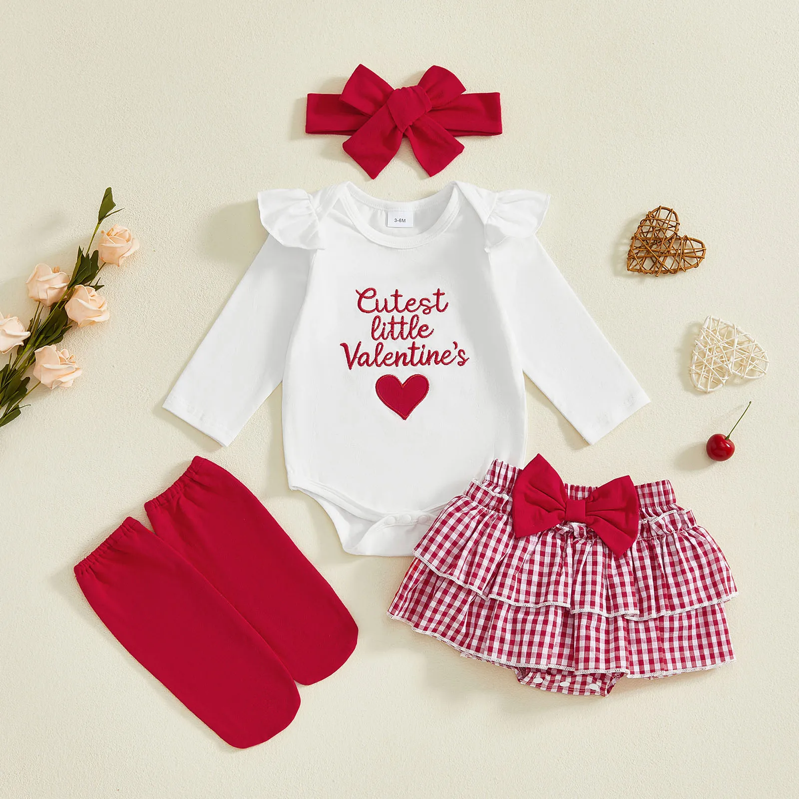 Baby Girls Valentine's Day Outfit Long Sleeve Letter Embroidery Romper Shorts Headband Socks Set Lovely Infant Clothes Set