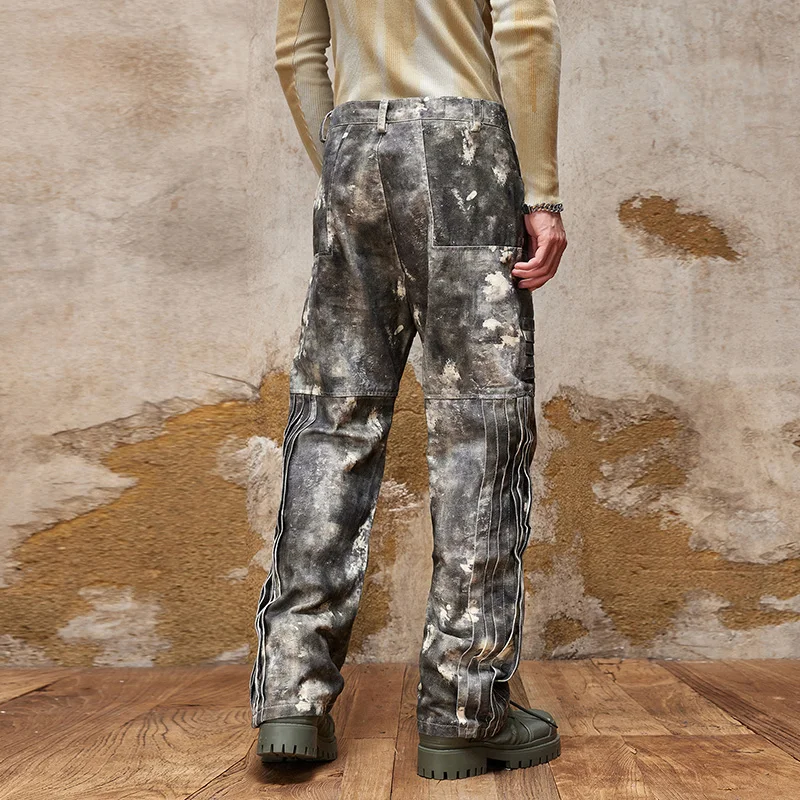 

American High Street Camouflage Print Design Wide Leg Jeans Men's Loose Straight Drooping Personality Motorcycle Trousers