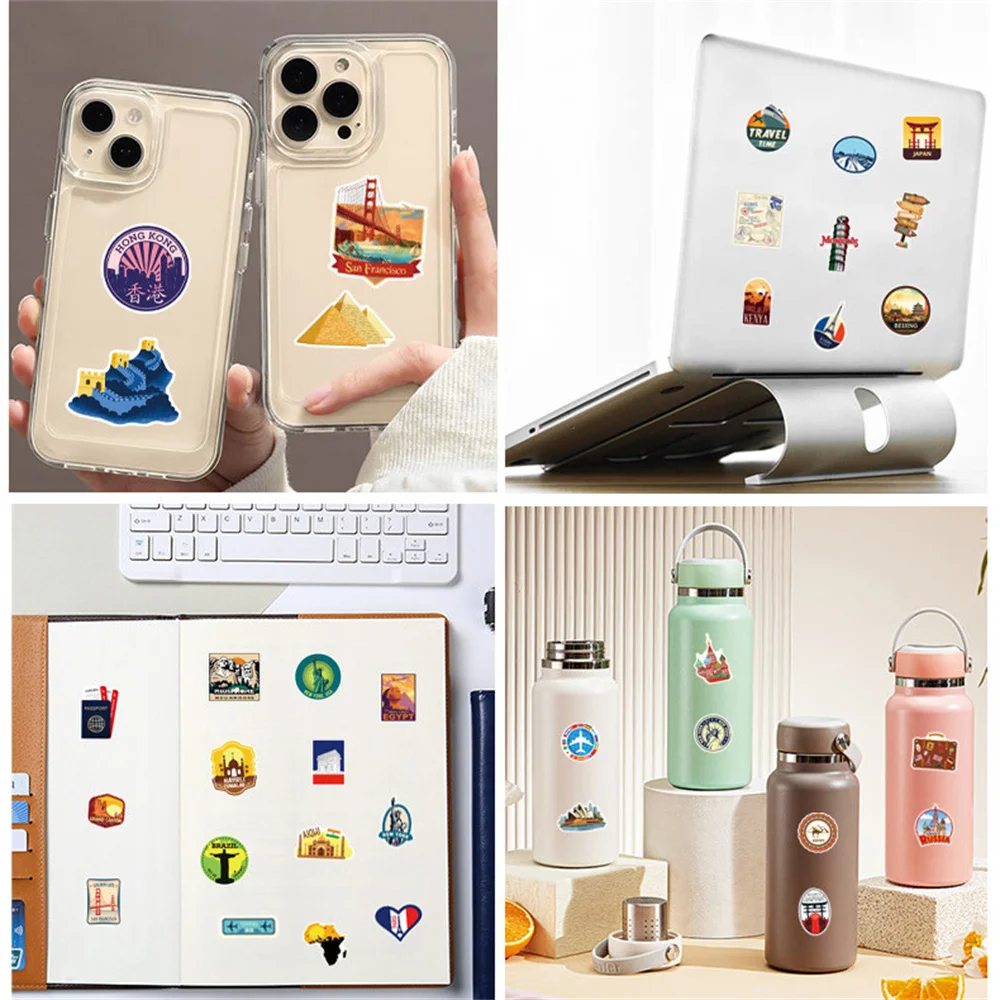 100PCS World Travel Doodle Stickers, Waterproof Vinyl Decals for Scrapbook, Laptop, Guitar, Car, Phone Case, DIY Gift Ideas