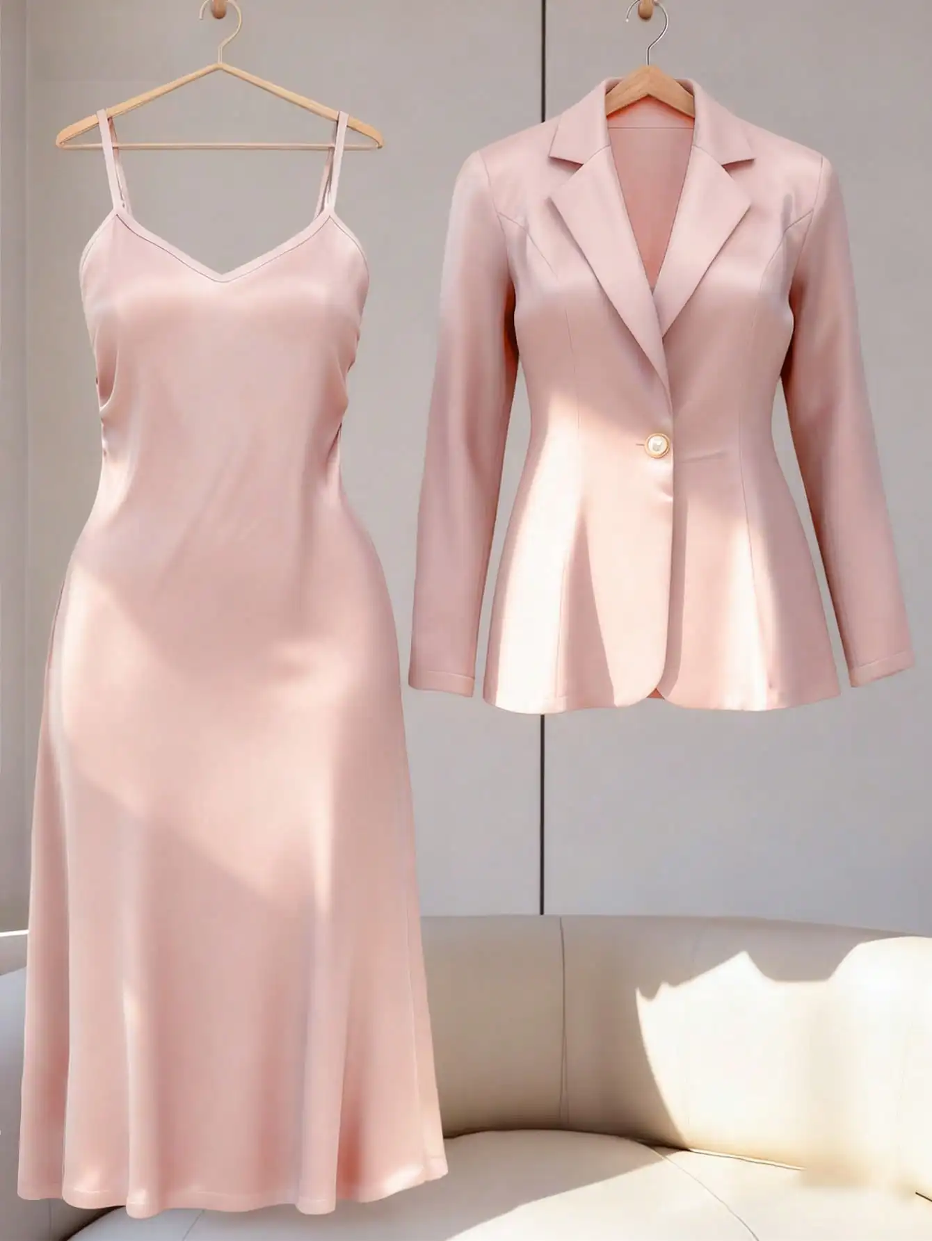 

Розовый атласный комплект из 2 предметов: платье-комбинация с V-образным вырезом + блейзер на одной пуговице для работы, вечеринок и гала-вечеров