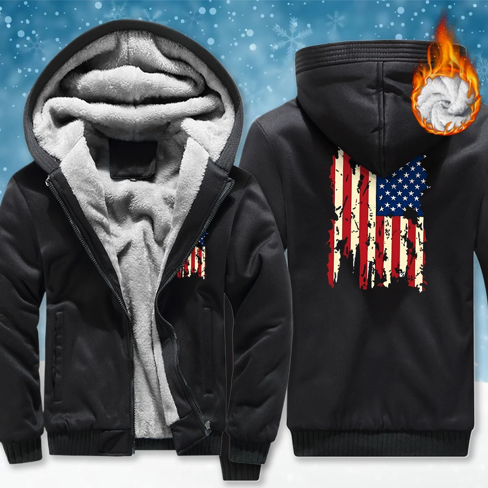 

Retro American Flag Zipper Pocket Jacket Men Fashion Soft Hoodies Winter Thicken Loose Sweatshirts Unisex Casual Long Sleeve