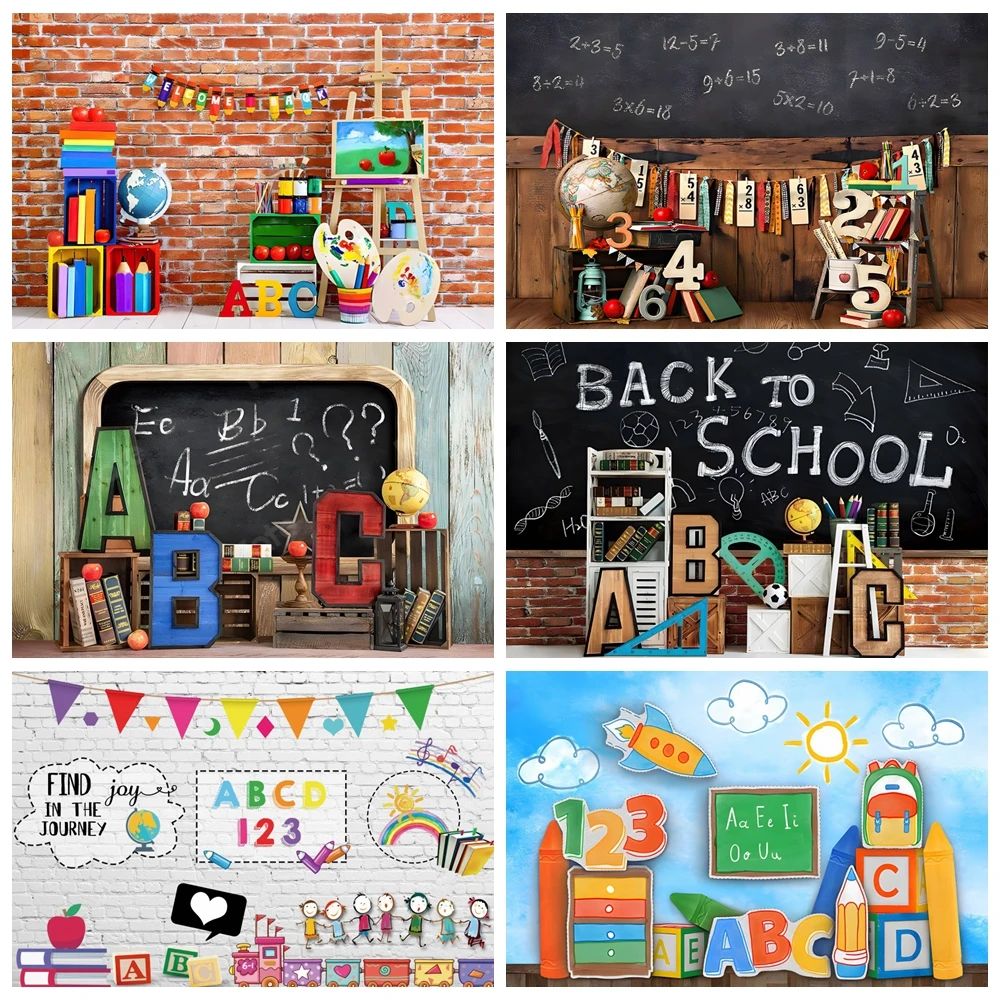 

Welcome Back To School Photography Backdrop Black Chalkboard Globe Book First Day of School Homecoming Children Photo Background