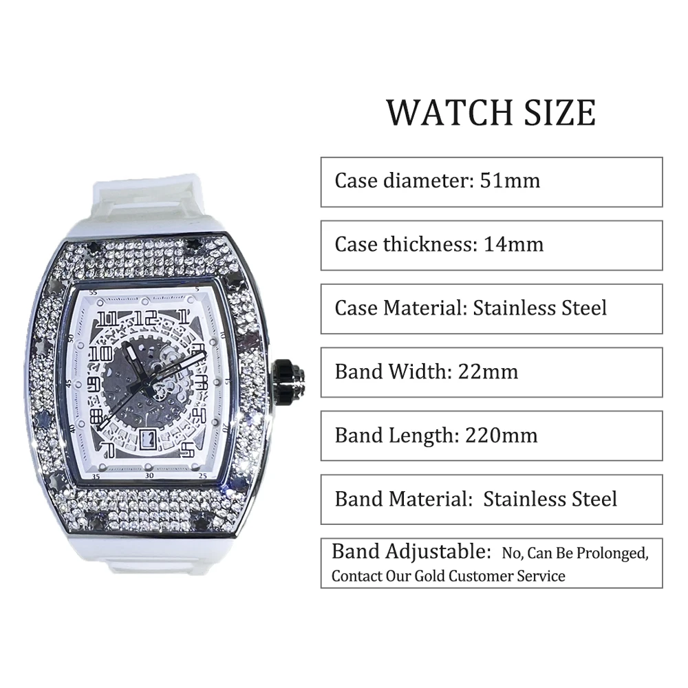 MISSFOX Men Big Face Watch Fashion Tonneau Quartz Diamond Wristwatches Luxry White Rubber Band Creative Relogio Men For Gift ﻿