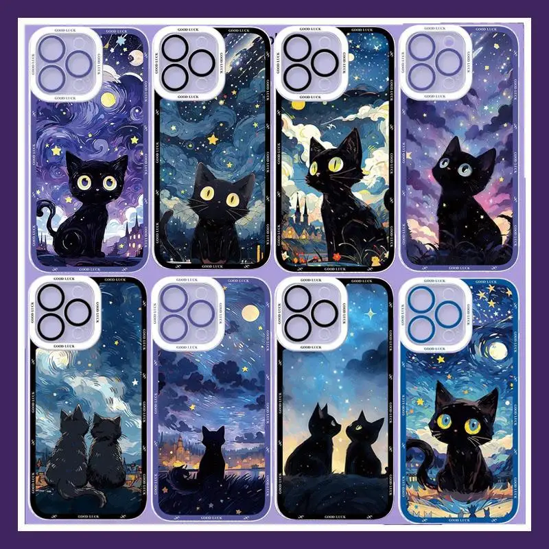 Starry Sky Black Cat Case For RENO 12F 11F 12 12pro 5G 11 10 9 8 7 6 Pro 7Z 8Z 5Z 2F 2Z 8T 6 5 Lite OPPO A94 A74 a78 A79 A54 A58