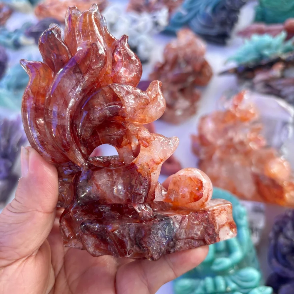 1PCS Red Fire Quartz Nine-Tailed Fox Carving Polished Natural Energy Stone Reiki Healing Feng Shui Room Decor Gift