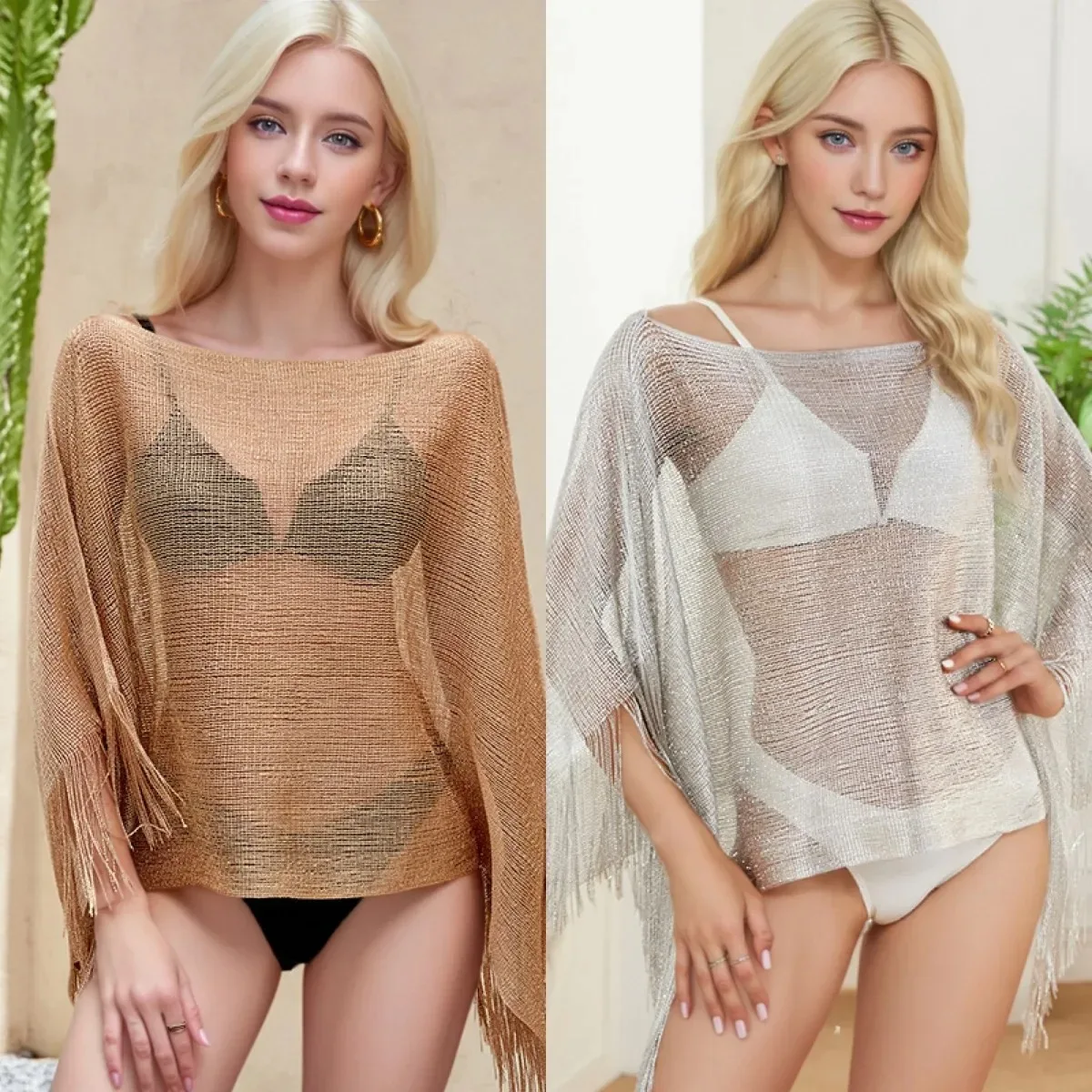 슬리브 비치 선스크린 셔츠 골드 및 실버 스레드 와이드 레그 휴가 비키니 커버업 루즈핏 비치 숄 오픈 프론트 디자인