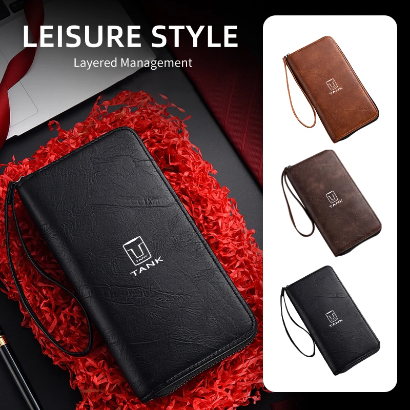 Cartera de Cuero PU con Logotipo de Coche, Cartera Larga para Hombre, Monedero para Tarjetas Bancarias, para GWM Tank 300 City 300 Border 400 500 PHEV 700