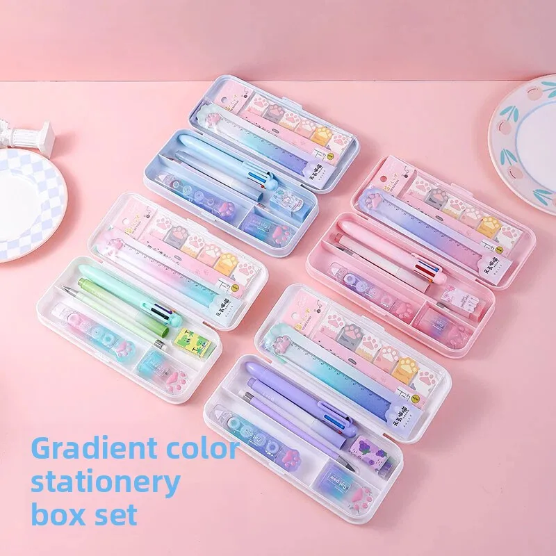 9pcs/Set Gradient Colored Stationery Set Ins Style Gift Box Multifunctional Learning Stationery Combination Student Gift