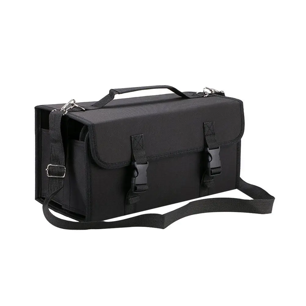 120 Slot Marker Bag Heavy Duty Polyester Shoulder Strap Detachable Sleeve Elastic Ring Zipper Storage Case Pen Holder Black