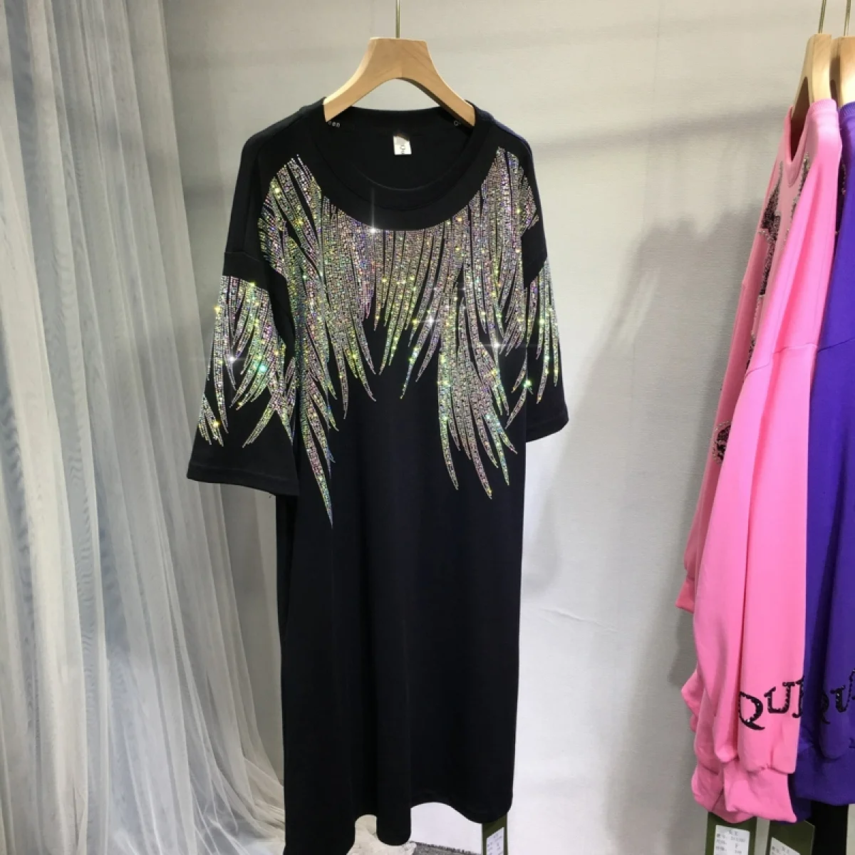 Rhinestone Round Collar T-shirt  for Women New Summer Elegant Short Sleeve Loose Y2K Heavy Work Hot Rhinestones Versatile Tops