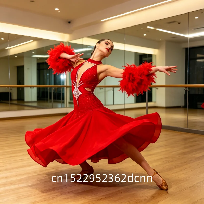 Social Modern Dance Feather Style Pearl AB Stones  Decoration Modern Big Swing Dresses Adult Quickstep Foxtrot Perform Clothes