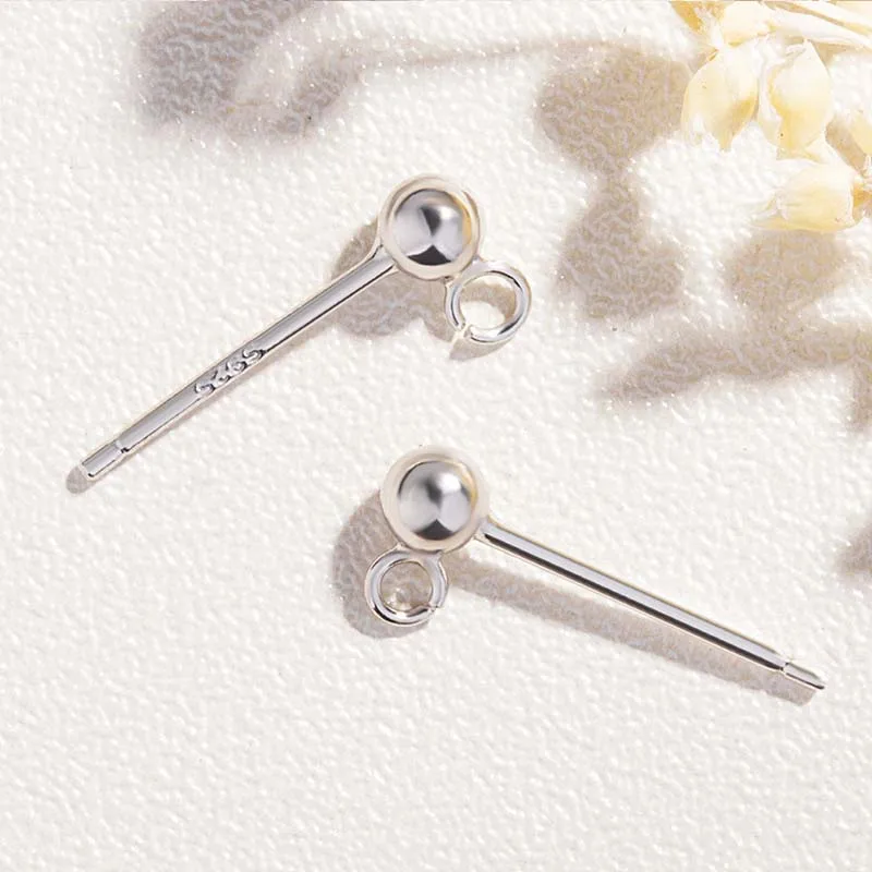 Genuine Real Pure Solid 925 Sterling Silver Round Ball Earring Stud Needle With Ring Connectors DIY Jewelry Making Findings