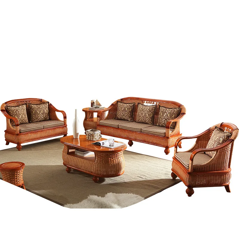 

Factory direct sales living room Chinese summer rattan mat sofa five-piece set rattan furniture table and chair rattan sofa