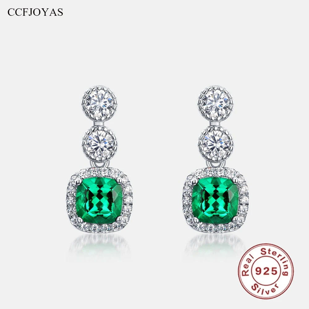 

CCFJOYAS 925 Sterling Silver Square Emerald Zircon Earrings for Women Vintage Light Luxury Wedding Party Fine Jewelry Gift