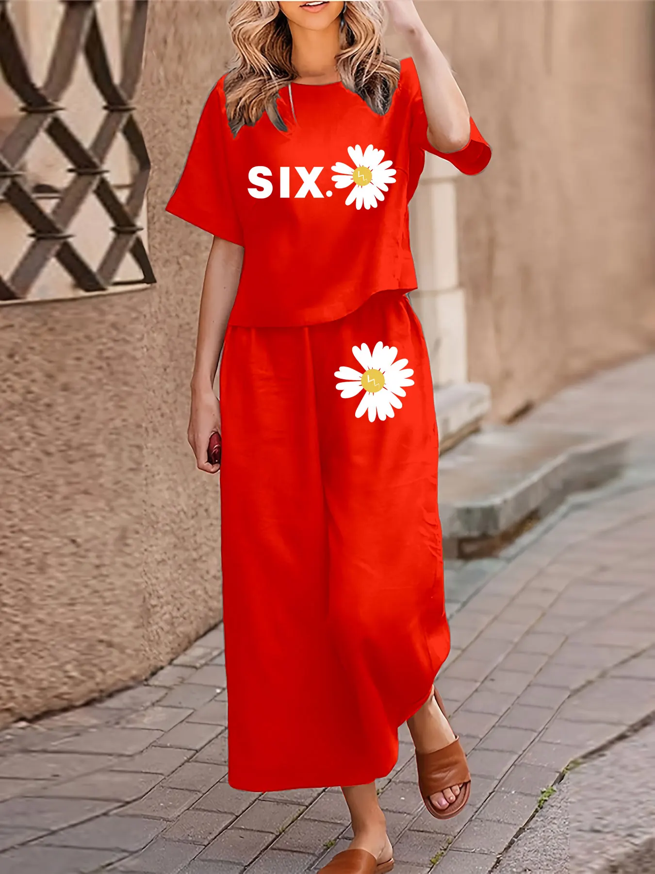 Plus Size Women's Casual Two-piece Set Suit Printed Short-sleeved T-shirt Trousers Two-piece Set Loose Crewneck