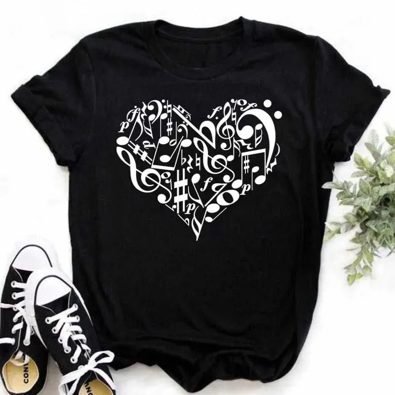 Women's Musical Note Guitar Graphic T-Shirt Casual Short Sleeve Tee with Intricate Note Design for Music Guitar Lovers Y2K Top
