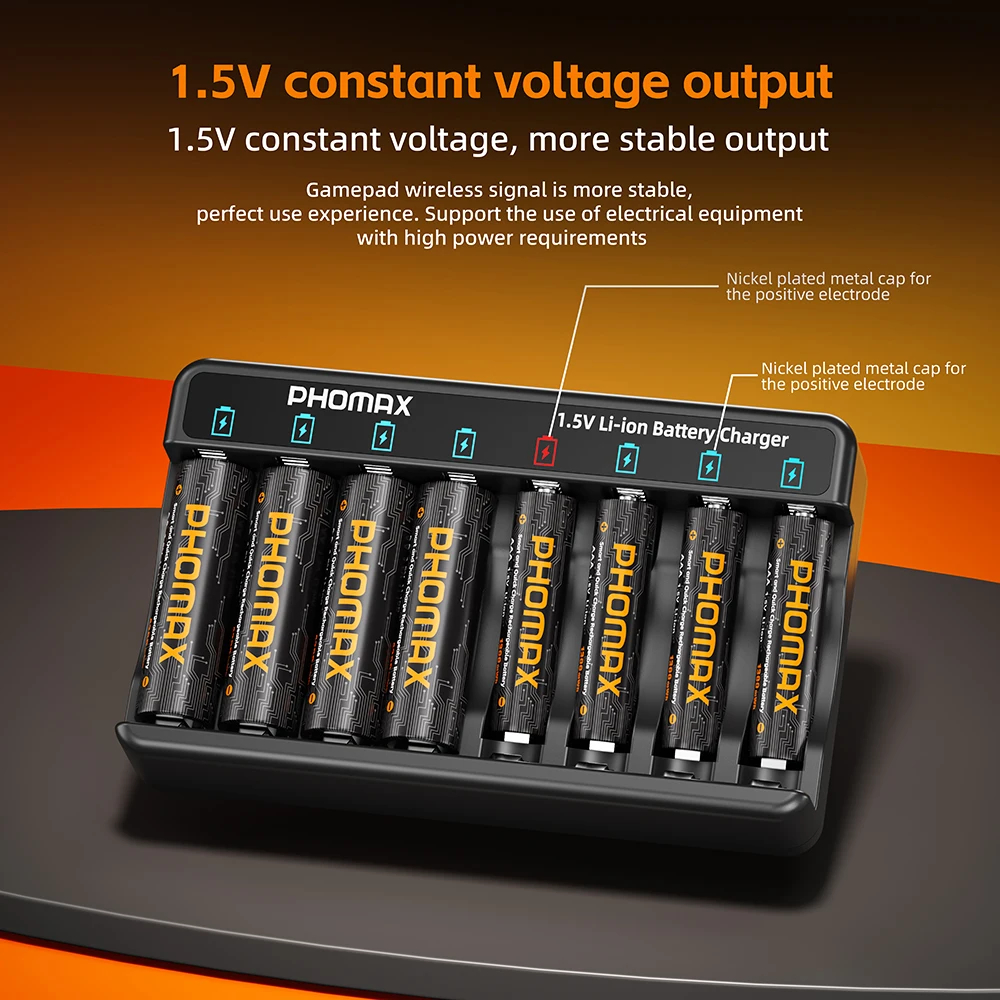 

PHOMAX Lithium Battery 1.5v 4200mWh 8-slot Lithium-ion Rechargeable Batteries Charger For Fishing Camping Lights TV Remote Mous