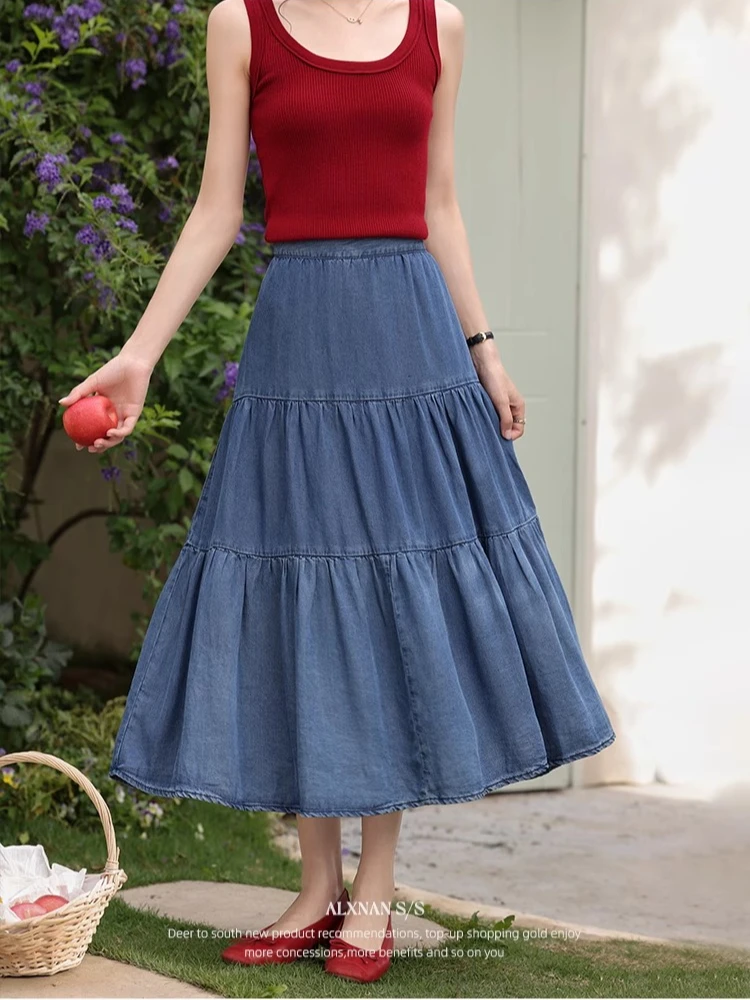 ALXNAN Women's Blue Denim Skirt Elegant High-waist A-line Lyocell Long Skirt 2025 Summer Casual Loose-fit Ladies Clothing L55770