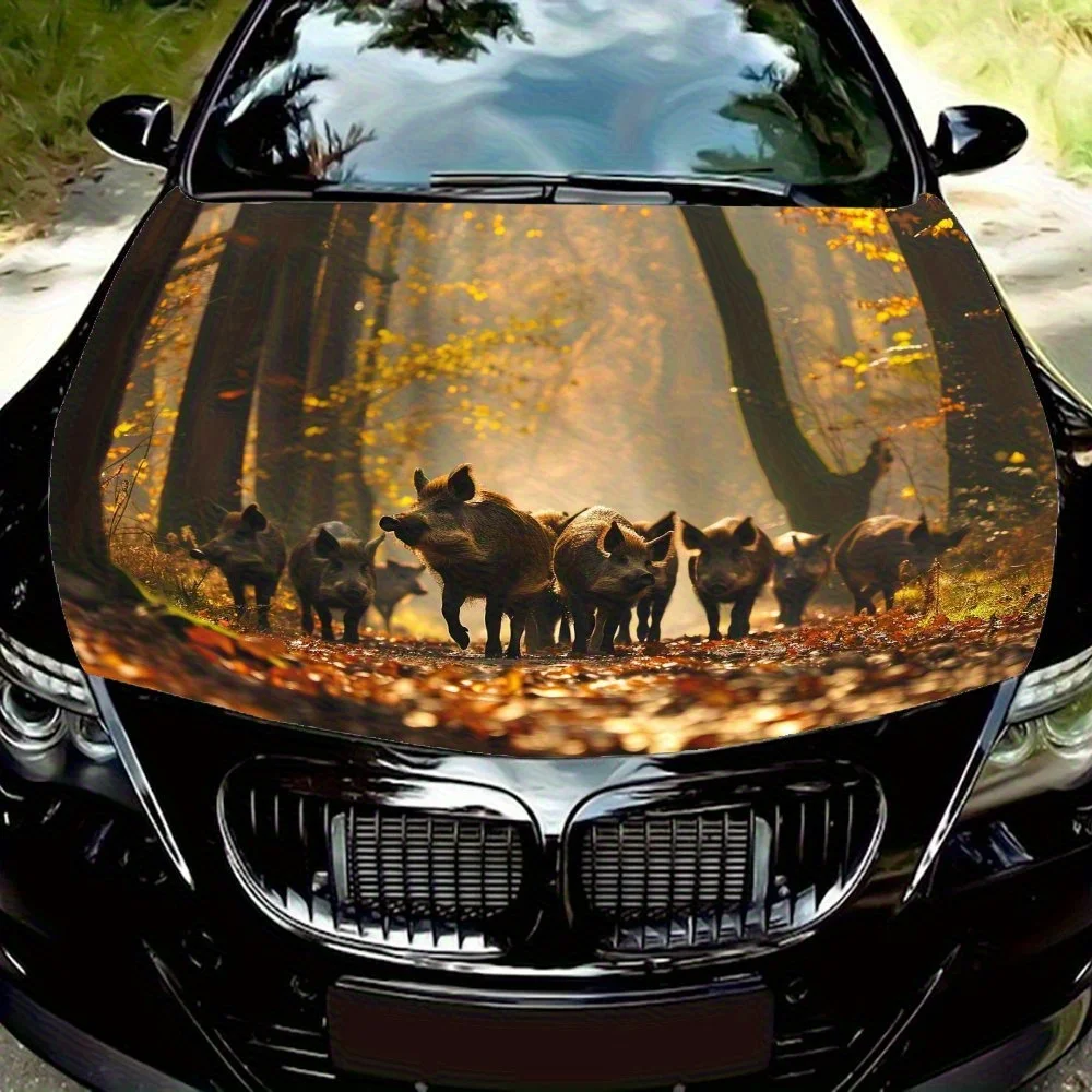 

Herds Of Wild Boars March Through The Primeval Forest Car Vinyl Wrap - Stunning Engine Hood Decal, Splash-Resistant PVC, Easy Re