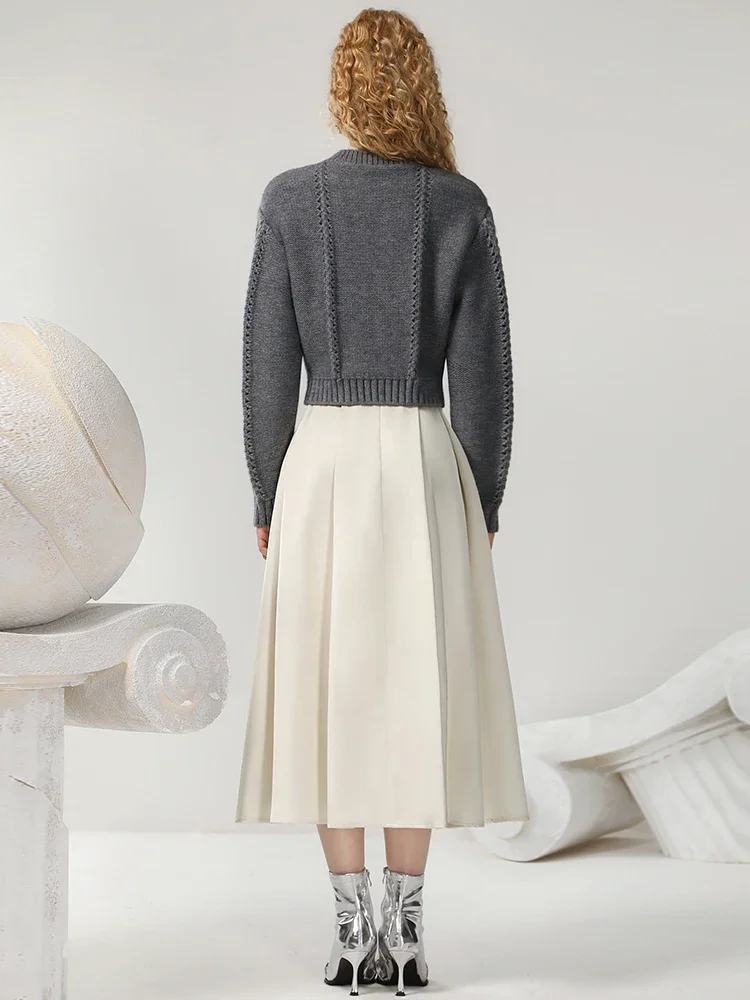 LEOSOXS Temperament Fashion Style Suit Skirt 2024 Autumn/winter New Three-dimensional Disc Flower Design Grey Sweater Skirt