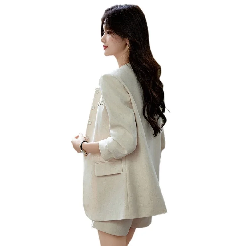 Women's Spring Suit Short Sets Elegant Long Sleeve O Neck Blazer And Shorts Coffee Beige Two Piece Set New In Matching Outfit