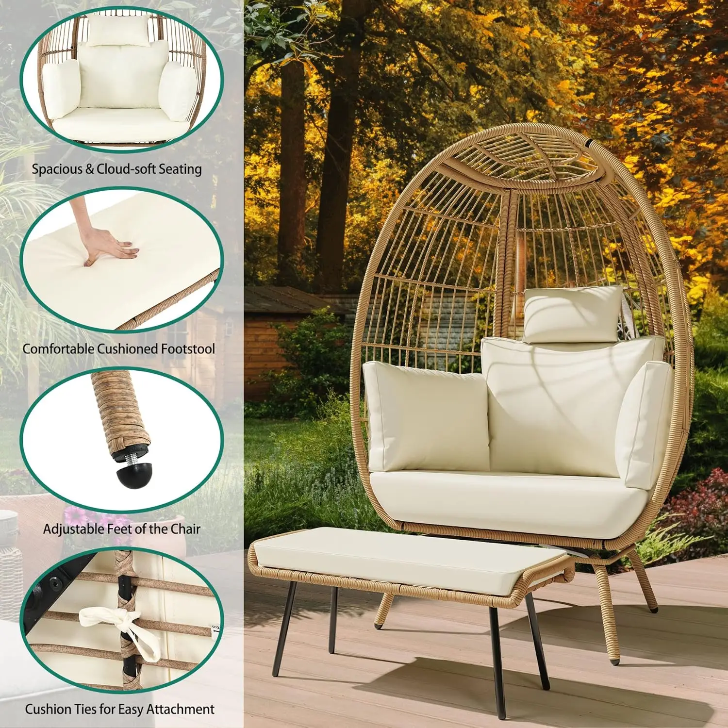 Yitahome Wicker Outdoor Egg Chair With Footrest Patio Oversized Lounger Chair With Ottoman, Cushions, Outdoor Indoor Basket