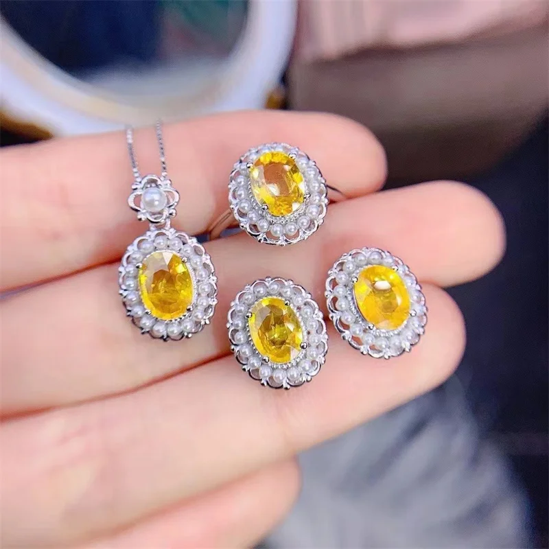 Cincin & anting-anting safir kuning alami & set liontin, dibuat dengan tatahan perak 925, indah dan modis, hadiah untuk orang yang dicintai