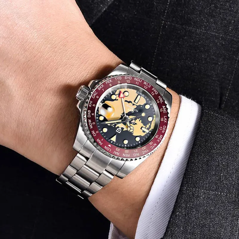 PAGANI DESIGN GMT ساعة رجالية العلامة التجارية الأعلى السيراميك الحافة 40 مللي متر ساعة اليد الميكانيكية الفولاذ المقاوم للصدأ مقاوم للماء NH34 ساعات أوتوماتيكية