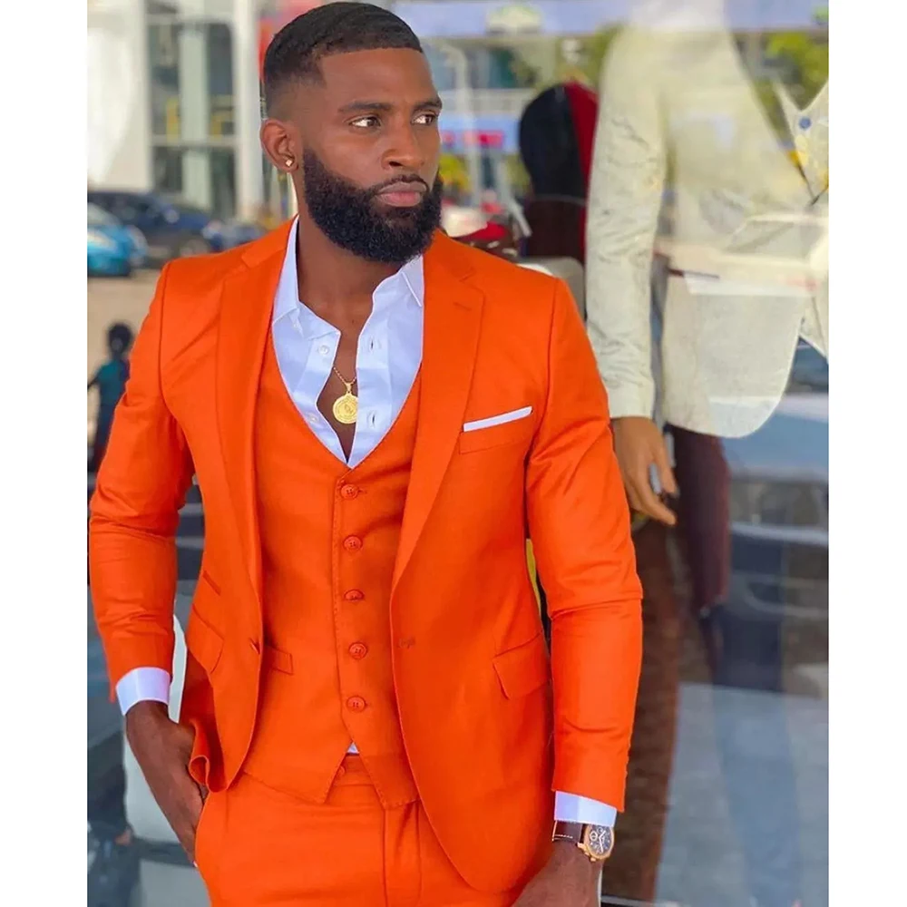 2023 Orange Men Suit Three Piece Fashion New Notch Lapel Multicolor Suit Business Wedding Prom Casual Slim Fit Jacket Vest Pants