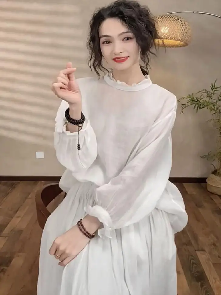 

White Linen Cotton Blend Long Sve Casual Loose Women's irt Spring 2026 Floral Trim Collar Breathable Moisture ng