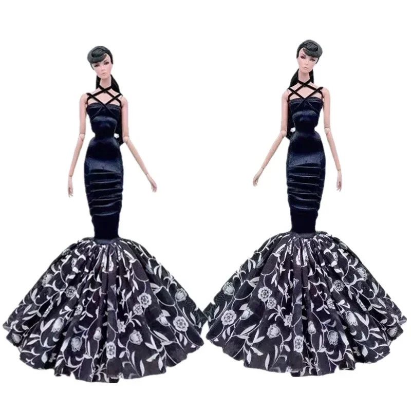 Classic Black Floral Fishtail Wedding Dress 30cm Doll Outfits for Barbie Clothes Princess Gown 1/6 Dollhouse Accessory Kids Toys