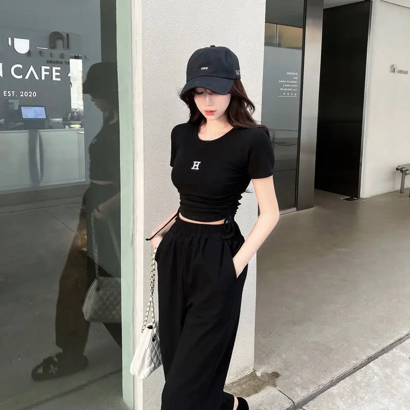 Sets Women Crop T-shirts Short Sleeve Letter Wide Leg Pants Fashion Chic Ulzzang Summer Thin Streetwear Harajuku Girls Casual