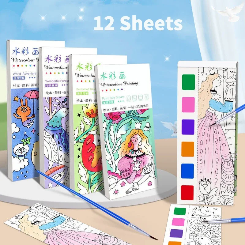 portable watercolor painting book for kids graffiti picture coloring books brush grupo guache drawing toys presente 01