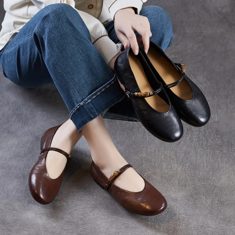 

Chic Original Genuine Leather Women Flat Shoes Square-Toe Slip-On Tstrap Plush Female Handcrafted Non-Slip Springtime