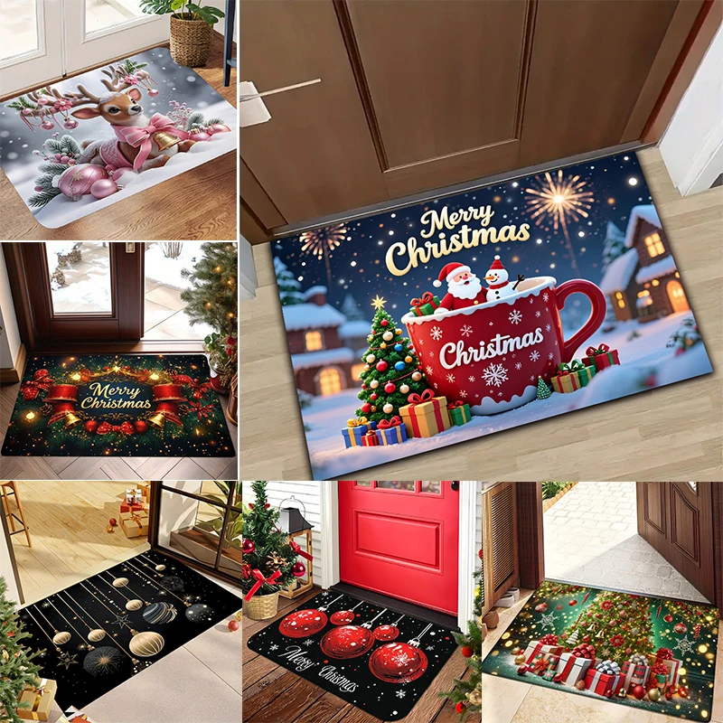 Xmas Merry Christmas Rectangular Carpet Santa Reindeer Gift Box Winter Holiday Graphic Design Area Rug for Porch Home Decor