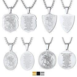 U7 Stainless Steel Oval Round Shield Pendant St. Michael Necklace Saint Biblical Archangel Bible Verse Protection Amulet Jewelry
