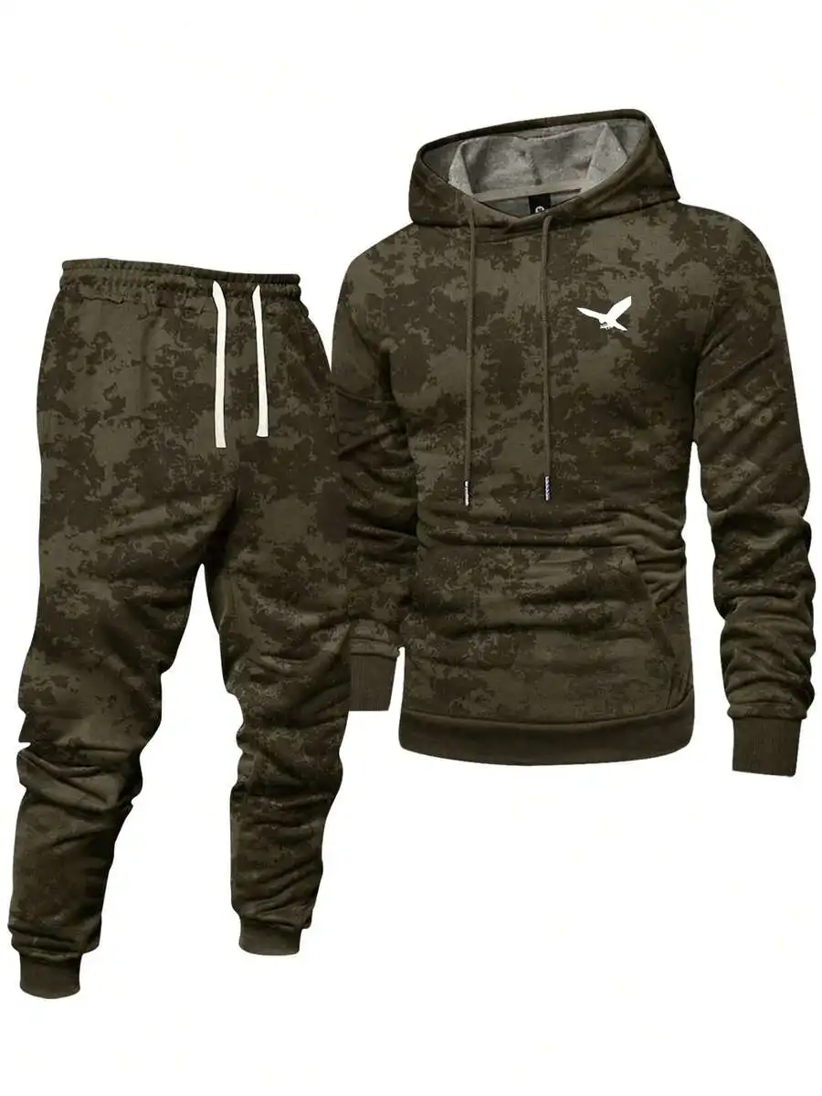 

Mens Camouflage Hoodie And Jogger Pants Set With Eagle Print