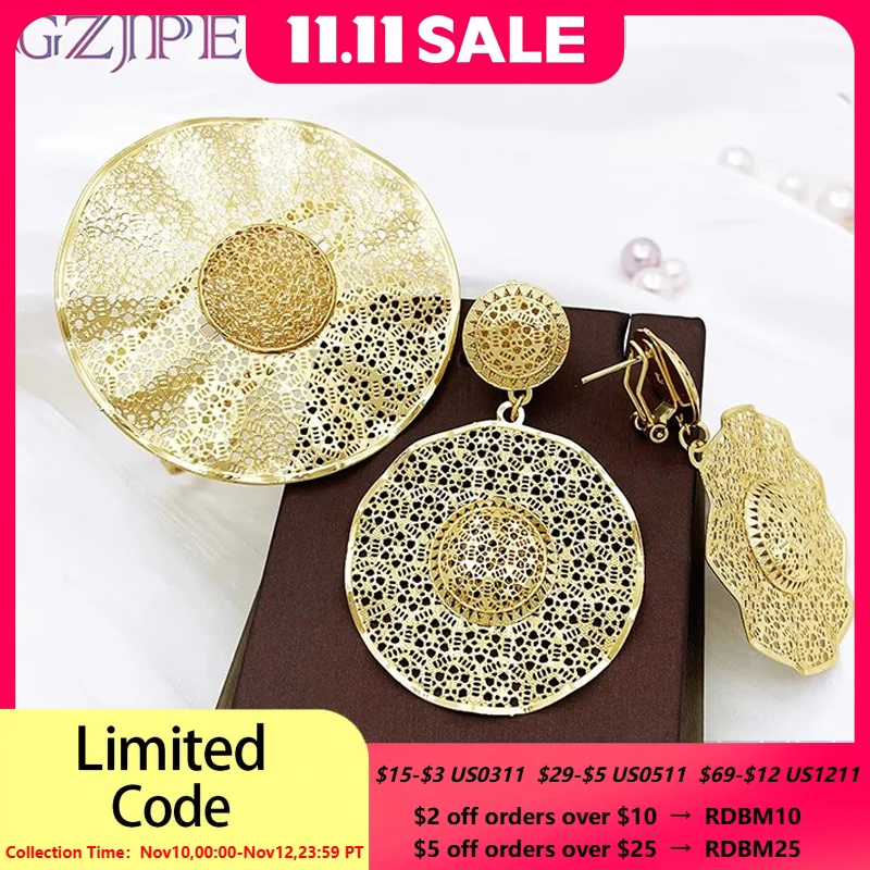 

2PCS Big Earrings And Bracelet Set For Women 18K Gold Plated Jewelry Set Wedding Party Gift