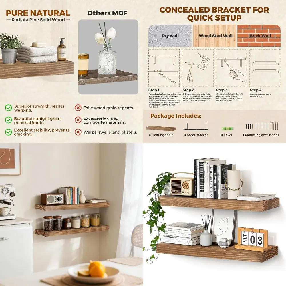 

Rustic Solid Wood Floating Shelves, 24x6.8x1.7 Inches, Oak Finish, Set of 2 for Wall Mounting in Various Rooms