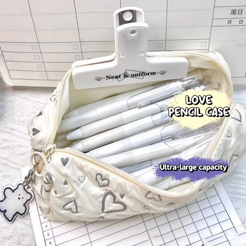 Kawaii beige Liebe Bleistift box schöne große Kapazität Feder mäppchen Kosmetik tasche Student Briefpapier Aufbewahrung beutel für Mädchen Geschenke