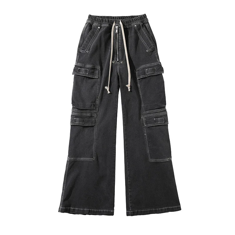 Rick RO style water-washed smoky gray gradient multi-pocket workwear straight-leg casual drawstring wide-leg bootcut loose jeans