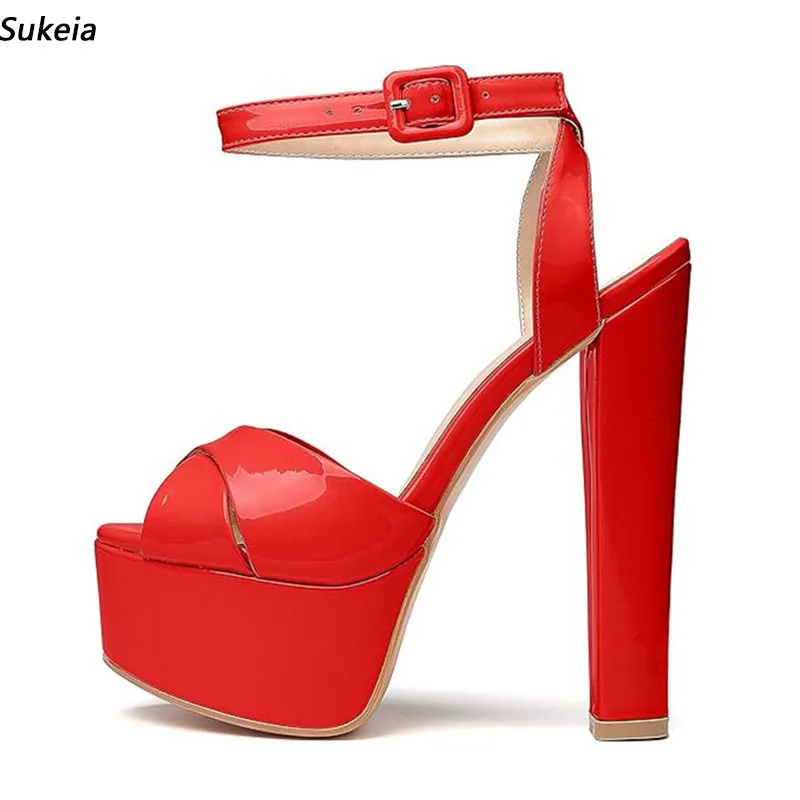 

Sukeia Handmade Women Summer Sandals Ankle Strap Chunky Heels Peep Toe Beautiful Red Fuchsia Dress Shoes US Plus Size 5-20