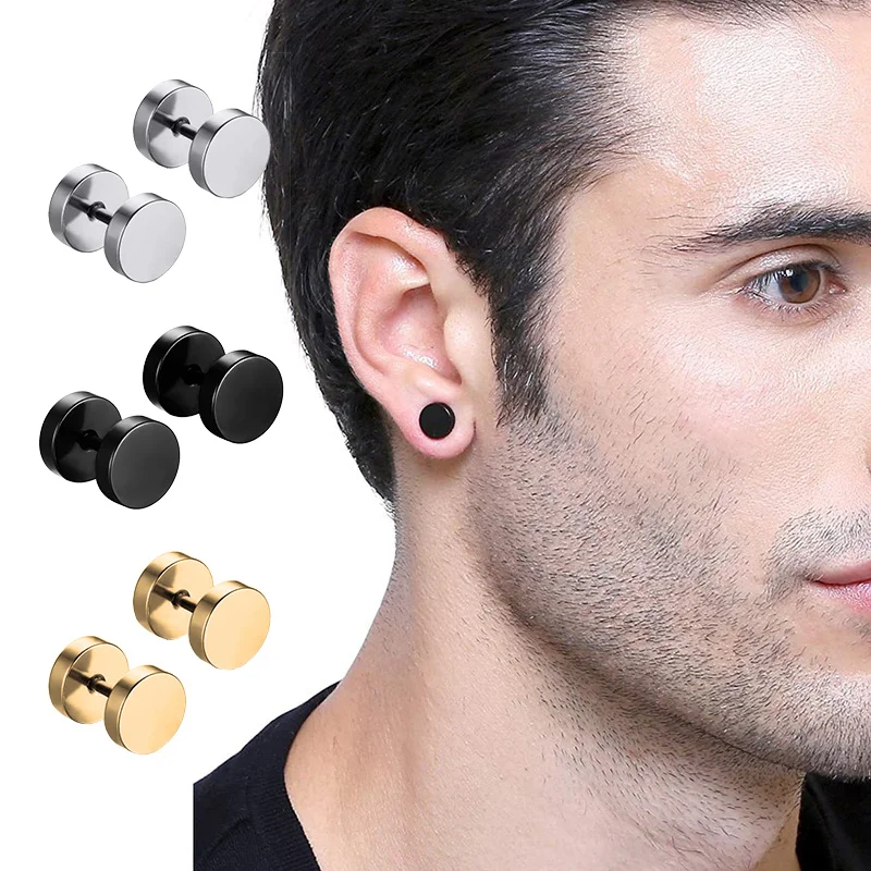 2pcs/6pcs Hypoallergenic Stainless Steel Dumbbell Stud Earrings for Men and Women Street Style Hip Hop Rock Jewelry 6/8/10mm